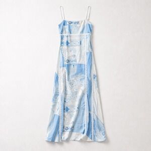 Terraza Vaso Blue Linen Blend Maxi Dress Ric Rack Trim Tie Back Sz M Retro Boho